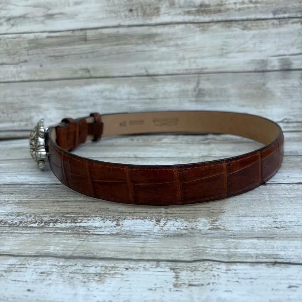 Brighton‎ Belt 30 Brown Crocodile Embossed Leather Silver Turtle Buckle Tortoise